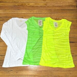 Bozzolo Womens Small 3pc Top Bundle White Long Sleeve Neon Green Yellow Burnout